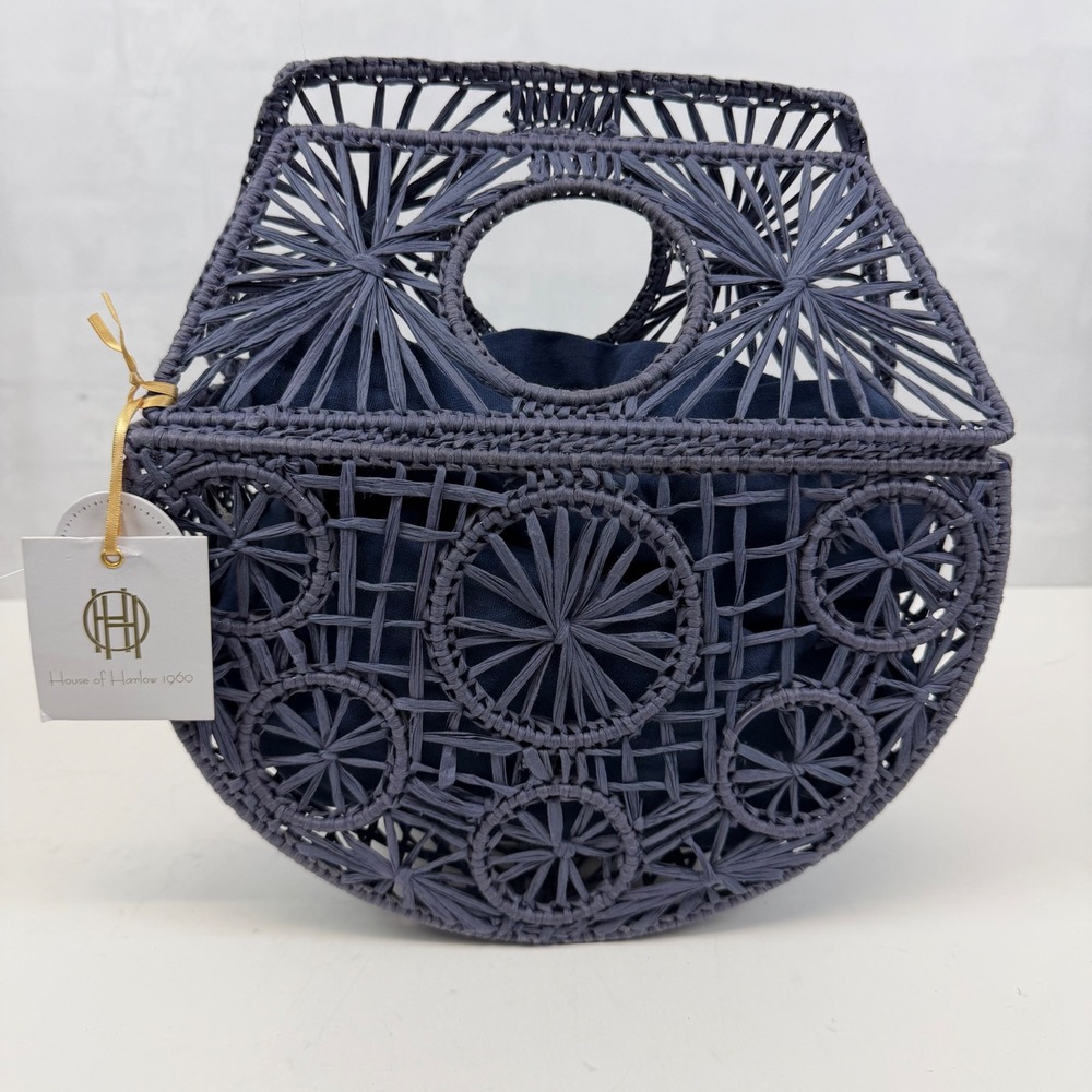 House of Harlow 1960 Navy Woven Cutout Basket Top‎ Handle Bag Lined NWT